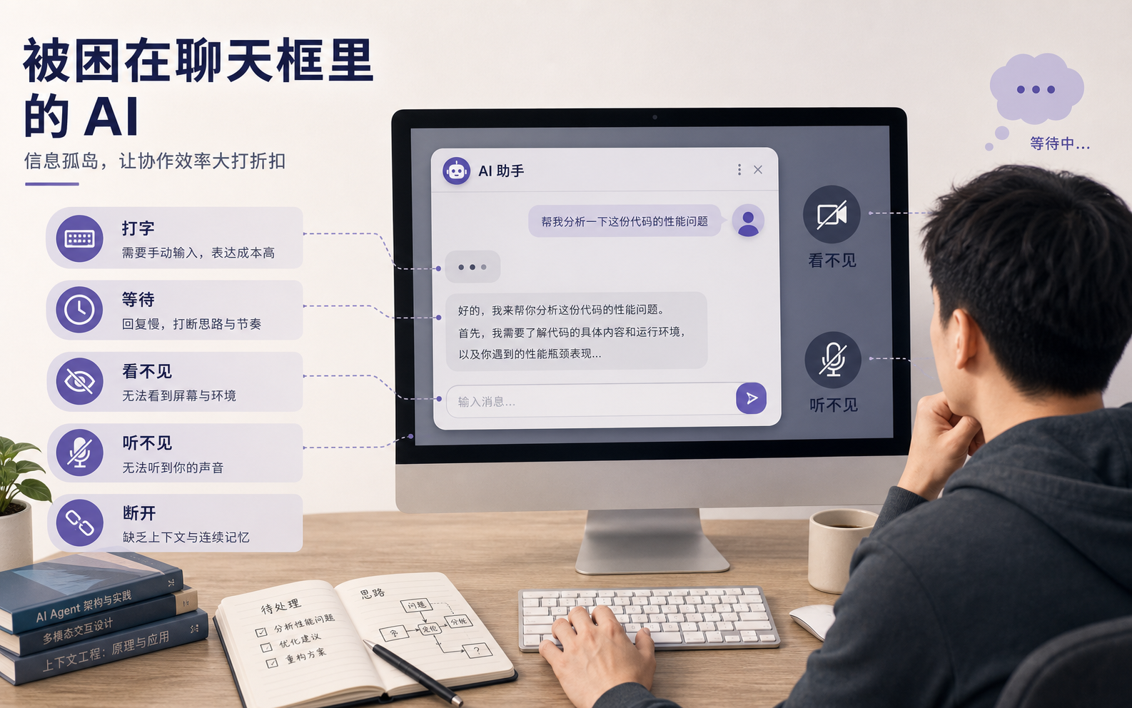 普通 AI 聊天框常常卡在打字、等待和静态回复里