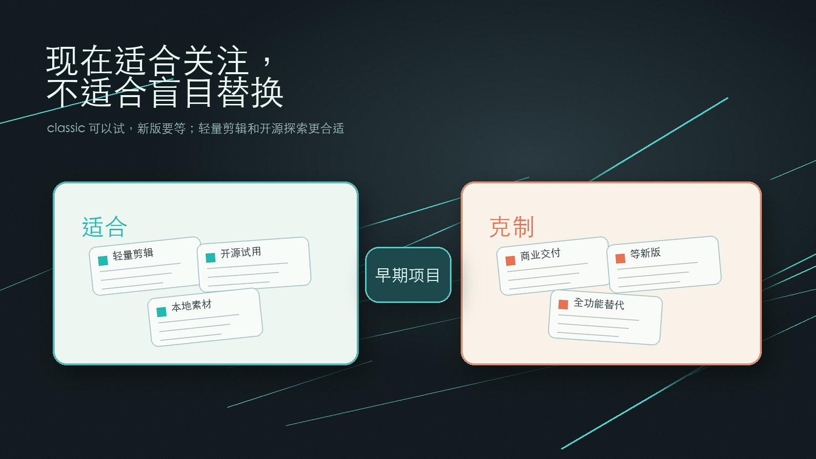 OpenCut 更适合轻量剪辑和开源工作流，还不适合承诺成熟专业交付